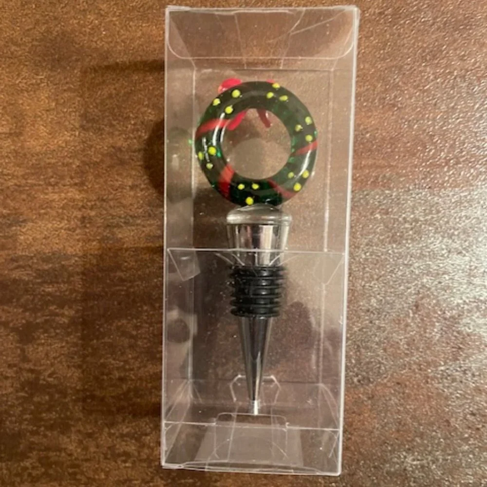NIB Zinc Alloy Glass Christmas Wreath Wine Stopper - NWT